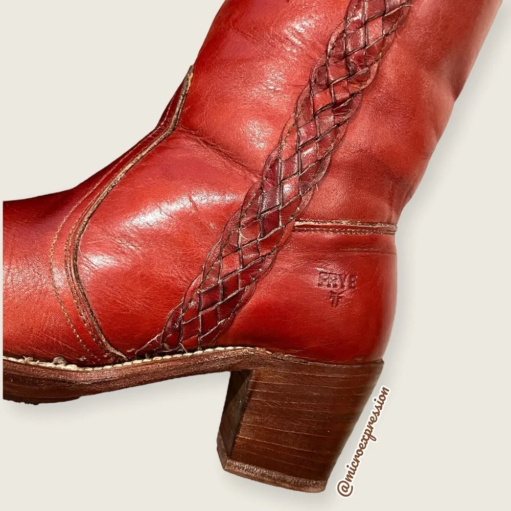 VINTAGE 1970s Frye Leather Red-Brown Leather Braided Knee High Block Heel Boot